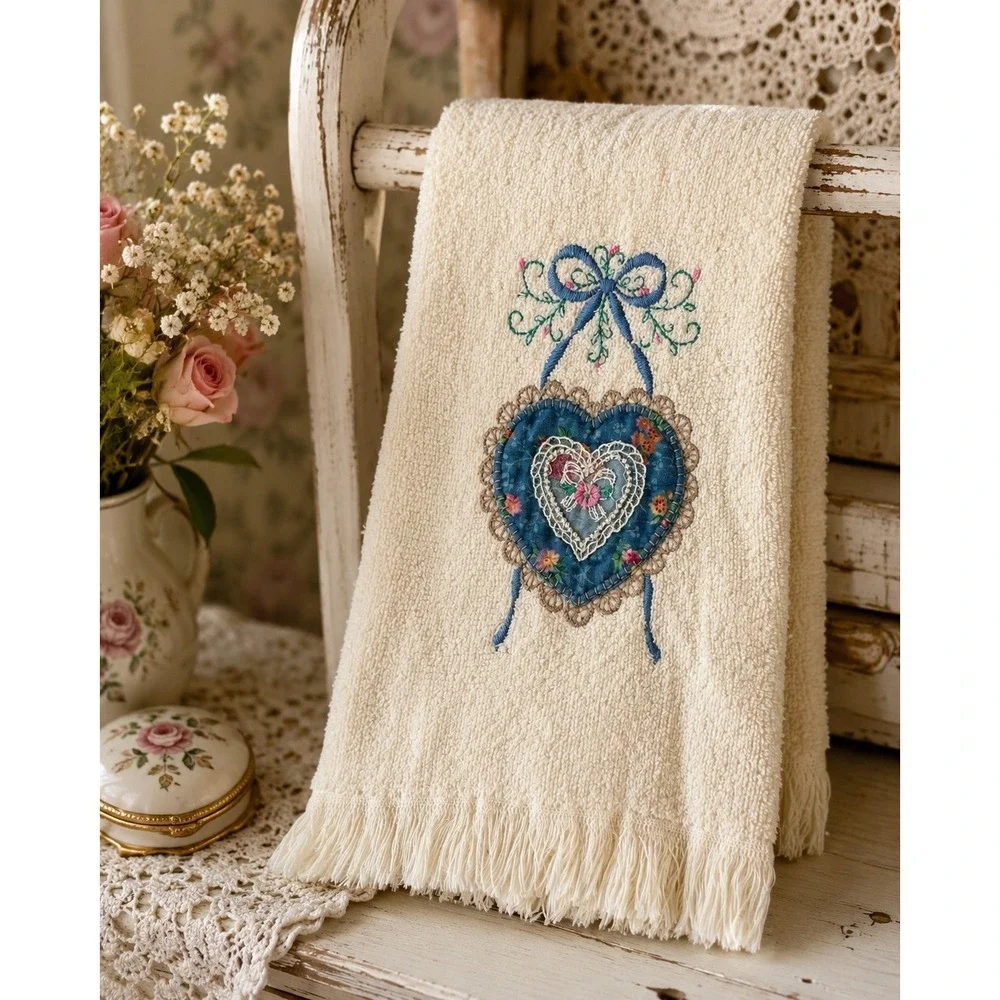 Floral Heart Hand Towel Cream Cotton Lace Cottagecore Vintage Embroidered Fringe